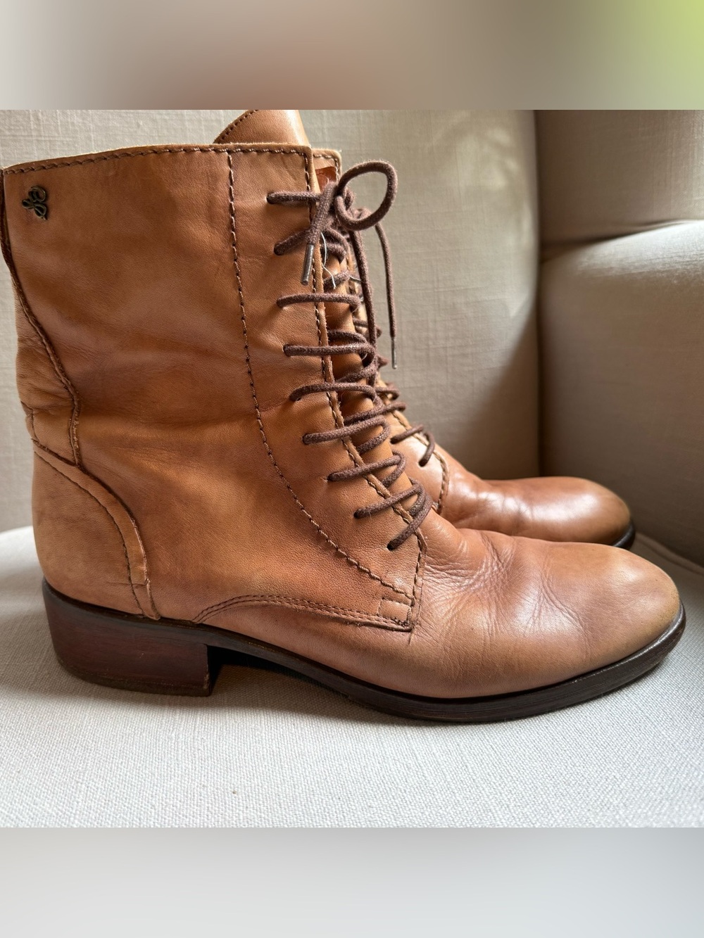 Sam Edelman Kayla Sz 9 Camel Tan Lace-Up Leather Ankle Boots